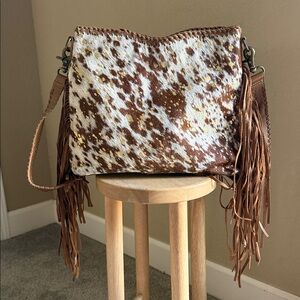 Myra Bag Brown and White Cow hide Fringe Shoulder Bag